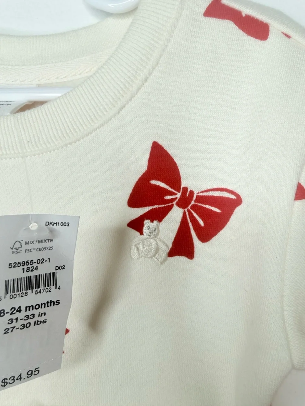 NWT  Baby Gap Cream Long Sleeve Dress with Red Printed Bows - 18-24 months